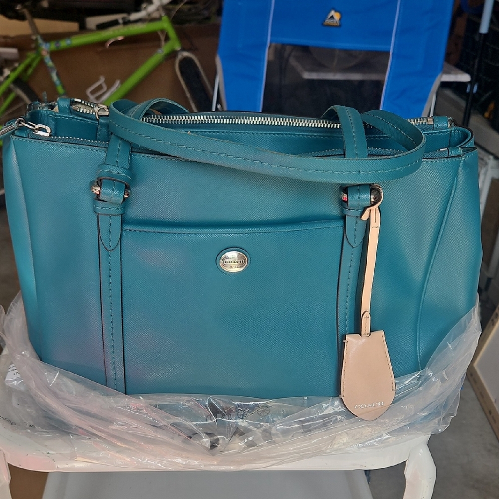 Coach Blue Leather Satchel with Silver Accents